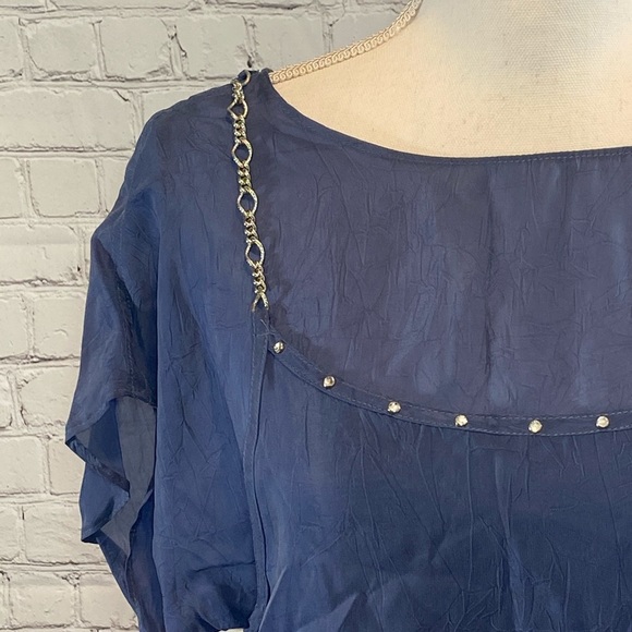 DOROTHY SCHOELLEN Blouse Layered Blue Embellished with Chain & Rhinestones-S/M - Picture 3 of 5